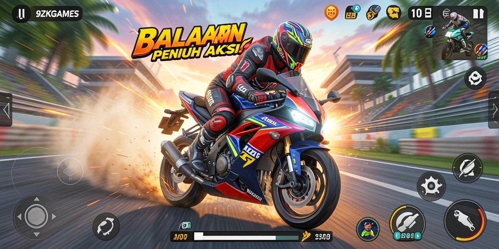 Tampilan gameplay balapan motor yang mendebarkan di 9ZKGAMES.