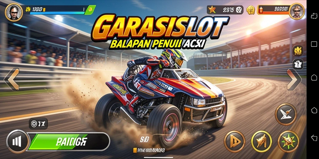 Screenshot gameplay GARASISLOT menampilkan aksi balapan seru dan mendebarkan.