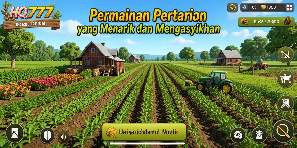 Tangkapan layar dari gameplay HQ777 yang menunjukkan aktivitas bertani.