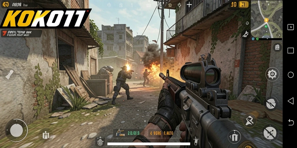 Tampilan menegangkan dari gameplay KOKO11 dalam pertempuran FPS.