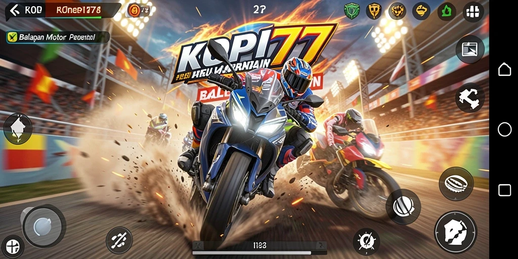 Screenshot dari gameplay KOPI77 yang menampilkan aksi balapan motor.