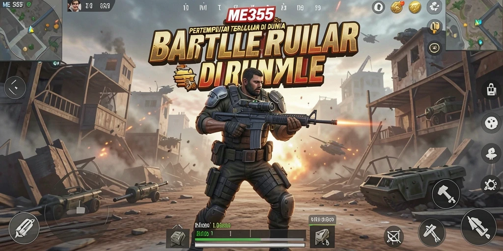 Tangkapan layar gameplay ME355 dengan pertempuran seru di arena Battle Royale.