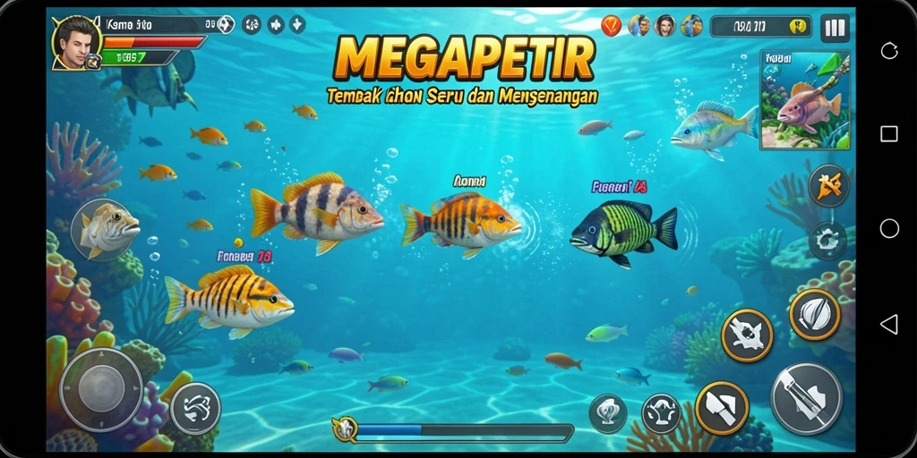 Screenshot gameplay MEGAPETIR menampilkan aksi seru menangkap ikan.