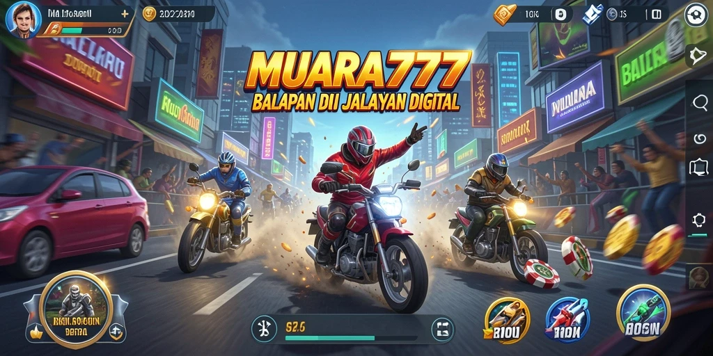 Screenshot gameplay MUARA777 yang memperlihatkan balapan intens di jalanan.